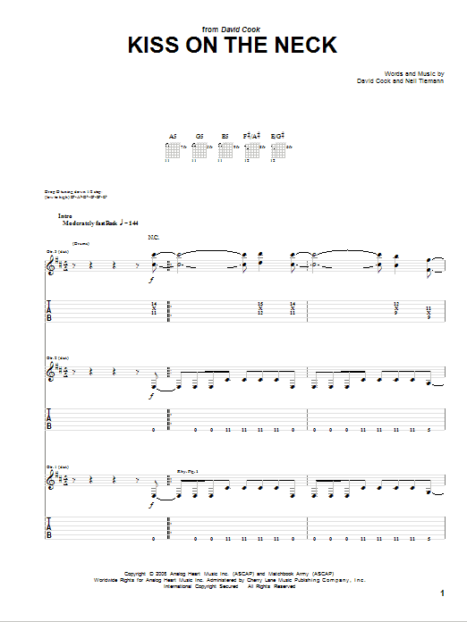 David Cook Kiss On The Neck Sheet Music Notes & Chords for Guitar Tab - Download or Print PDF