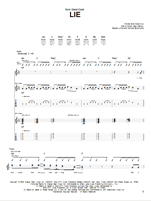 David Cook Lie Sheet Music Notes & Chords for Guitar Tab - Download or Print PDF