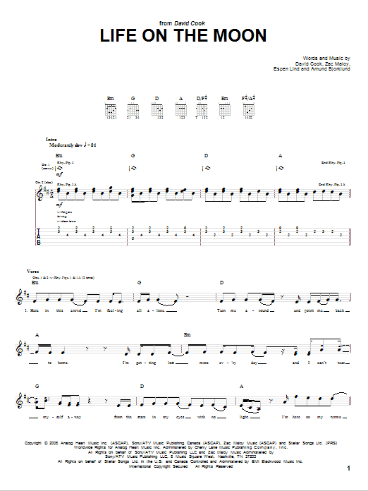 David Cook Life On The Moon Sheet Music Notes & Chords for Guitar Tab - Download or Print PDF