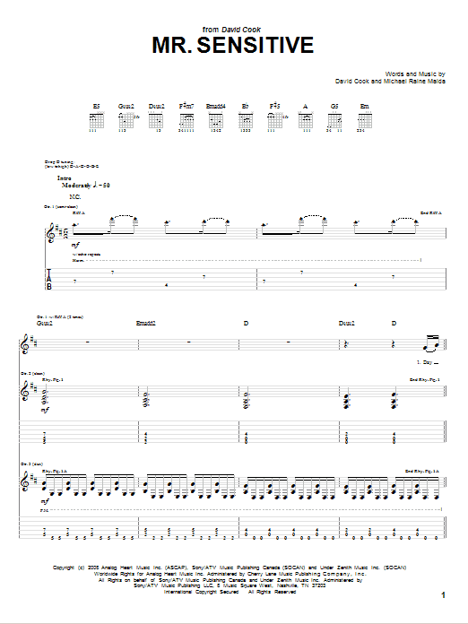 David Cook Mr. Sensitive Sheet Music Notes & Chords for Guitar Tab - Download or Print PDF