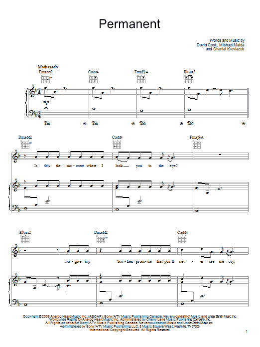 David Cook Permanent Sheet Music Notes & Chords for Guitar Tab - Download or Print PDF