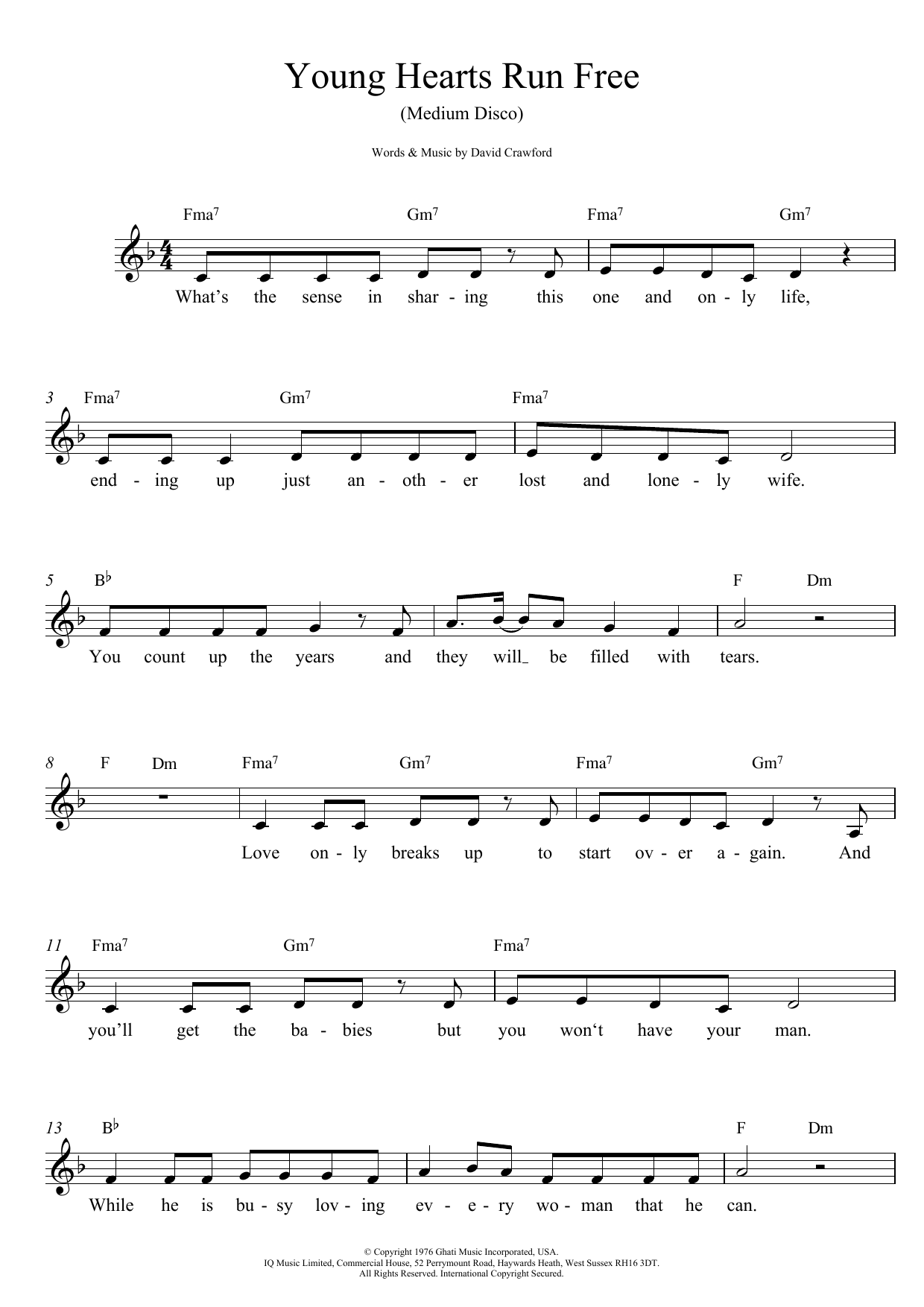 David Crawford Young Hearts Run Free Sheet Music Notes & Chords for Melody Line, Lyrics & Chords - Download or Print PDF