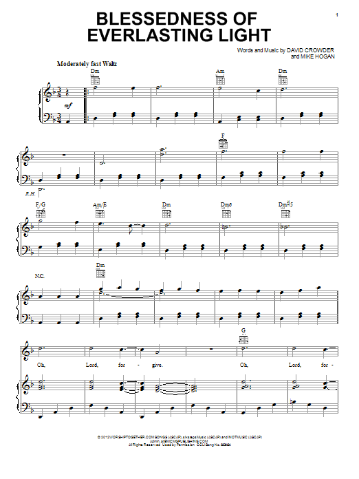 David Crowder Band Blessedness Of Everlasting Light Sheet Music Notes & Chords for Piano, Vocal & Guitar (Right-Hand Melody) - Download or Print PDF David Crowder Band Blessedness Of Everlasting Light Sheet Music Notes & Chords for Piano, Vocal & Guitar (Right-Hand Melody) - Download or Print PDF