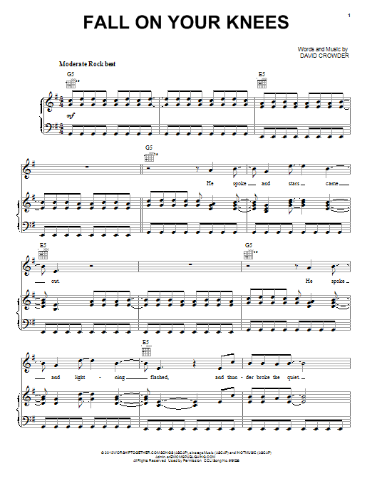 David Crowder Band Fall On Your Knees Sheet Music Notes & Chords for Piano, Vocal & Guitar (Right-Hand Melody) - Download or Print PDF David Crowder Band Fall On Your Knees Sheet Music Notes & Chords for Piano, Vocal & Guitar (Right-Hand Melody) - Download or Print PDF