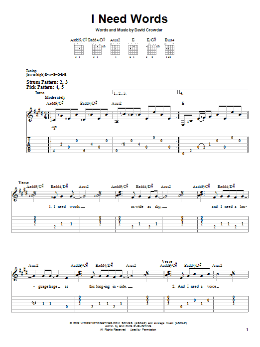 David Crowder Band I Need Words Sheet Music Notes & Chords for Easy Guitar Tab - Download or Print PDF David Crowder Band I Need Words Sheet Music Notes & Chords for Easy Guitar Tab - Download or Print PDF