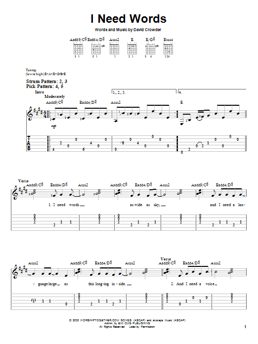David Crowder Band I Need Words Sheet Music Notes & Chords for Piano, Vocal & Guitar (Right-Hand Melody) - Download or Print PDF
