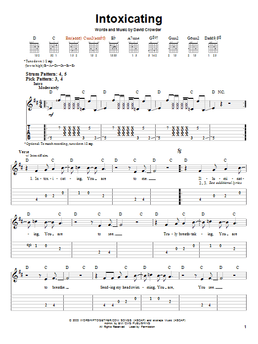 David Crowder Band Intoxicating Sheet Music Notes & Chords for Easy Guitar Tab - Download or Print PDF
