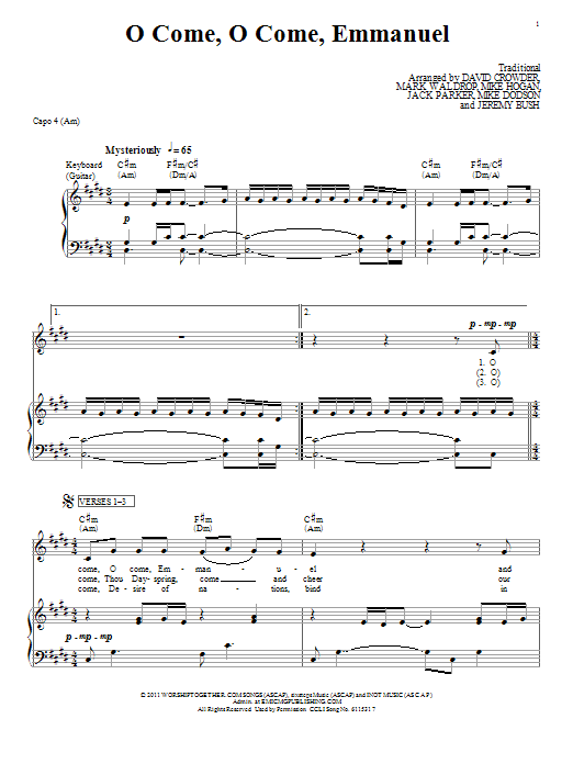 David Crowder Band O Come, O Come, Emmanuel Sheet Music Notes & Chords for Piano, Vocal & Guitar (Right-Hand Melody) - Download or Print PDF