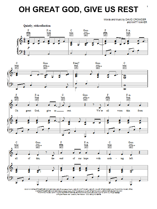 David Crowder Band Oh Great God, Give Us Rest Sheet Music Notes & Chords for Piano, Vocal & Guitar (Right-Hand Melody) - Download or Print PDF