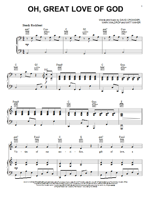 David Crowder Band Oh, Great Love Of God Sheet Music Notes & Chords for Piano, Vocal & Guitar (Right-Hand Melody) - Download or Print PDF