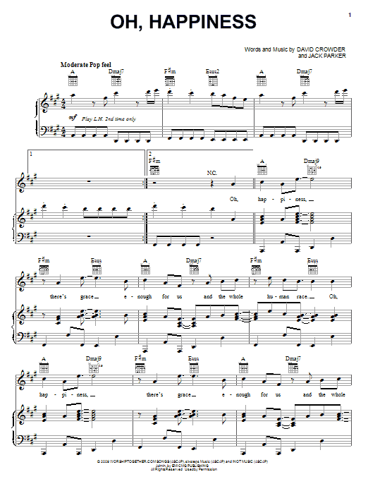 David Crowder Band Oh, Happiness Sheet Music Notes & Chords for Piano, Vocal & Guitar (Right-Hand Melody) - Download or Print PDF David Crowder Band Oh, Happiness Sheet Music Notes & Chords for Piano, Vocal & Guitar (Right-Hand Melody) - Download or Print PDF