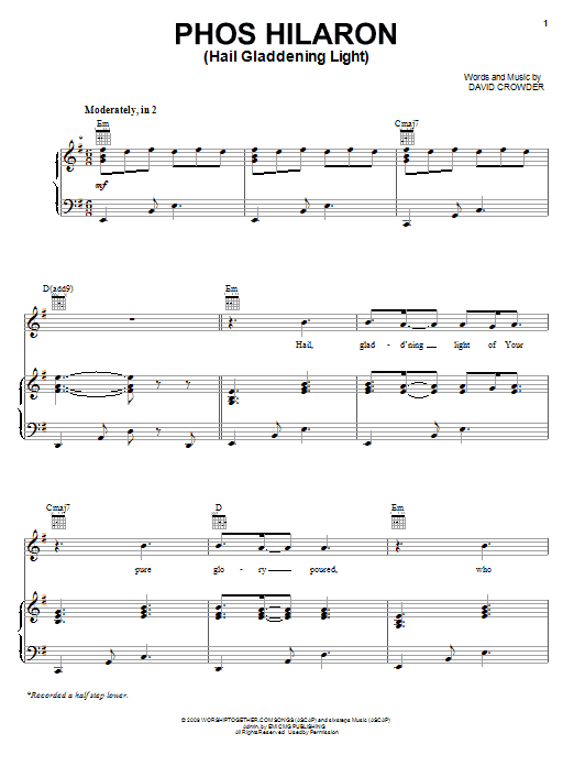 David Crowder Band Phos Hilaron (Hail Gladdening Light) Sheet Music Notes & Chords for Piano, Vocal & Guitar (Right-Hand Melody) - Download or Print PDF David Crowder Band Phos Hilaron (Hail Gladdening Light) Sheet Music Notes & Chords for Piano, Vocal & Guitar (Right-Hand Melody) - Download or Print PDF