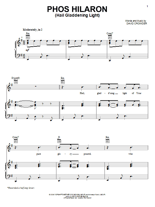 David Crowder Band Phos Hilaron (Hail Gladdening Light) Sheet Music Notes & Chords for Piano, Vocal & Guitar (Right-Hand Melody) - Download or Print PDF