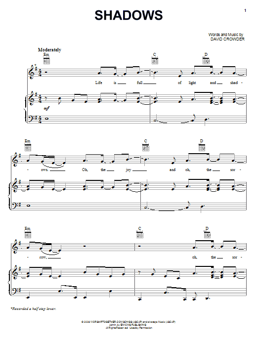 David Crowder Band Shadows Sheet Music Notes & Chords for Piano, Vocal & Guitar (Right-Hand Melody) - Download or Print PDF