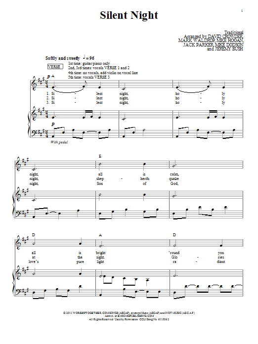 David Crowder Band Silent Night Sheet Music Notes & Chords for Piano, Vocal & Guitar (Right-Hand Melody) - Download or Print PDF
