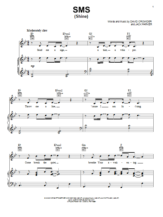 David Crowder Band SMS (Shine) Sheet Music Notes & Chords for Piano, Vocal & Guitar (Right-Hand Melody) - Download or Print PDF David Crowder Band SMS (Shine) Sheet Music Notes & Chords for Piano, Vocal & Guitar (Right-Hand Melody) - Download or Print PDF