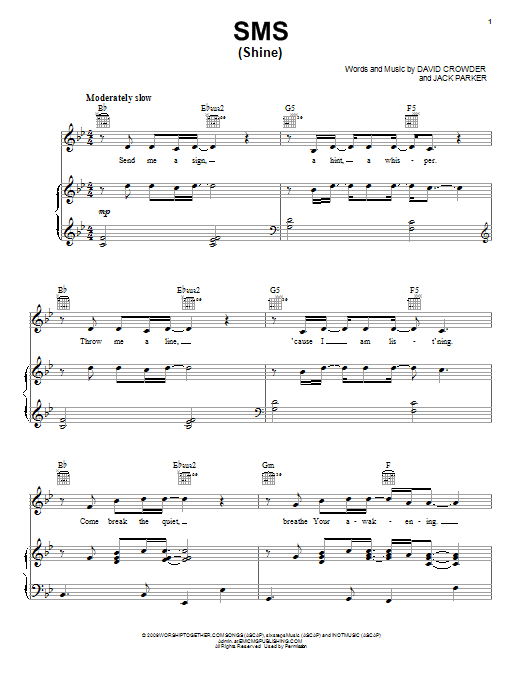 David Crowder Band SMS (Shine) Sheet Music Notes & Chords for Piano, Vocal & Guitar (Right-Hand Melody) - Download or Print PDF