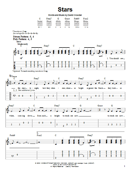 David Crowder Band Stars Sheet Music Notes & Chords for Easy Guitar Tab - Download or Print PDF