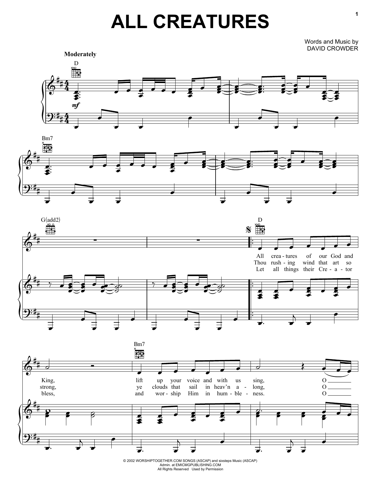 David Crowder*Band All Creatures Of Our God And King Sheet Music Notes & Chords for Piano, Vocal & Guitar (Right-Hand Melody) - Download or Print PDF