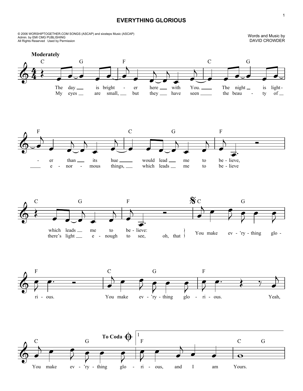 David Crowder*Band Everything Glorious Sheet Music Notes & Chords for Melody Line, Lyrics & Chords - Download or Print PDF