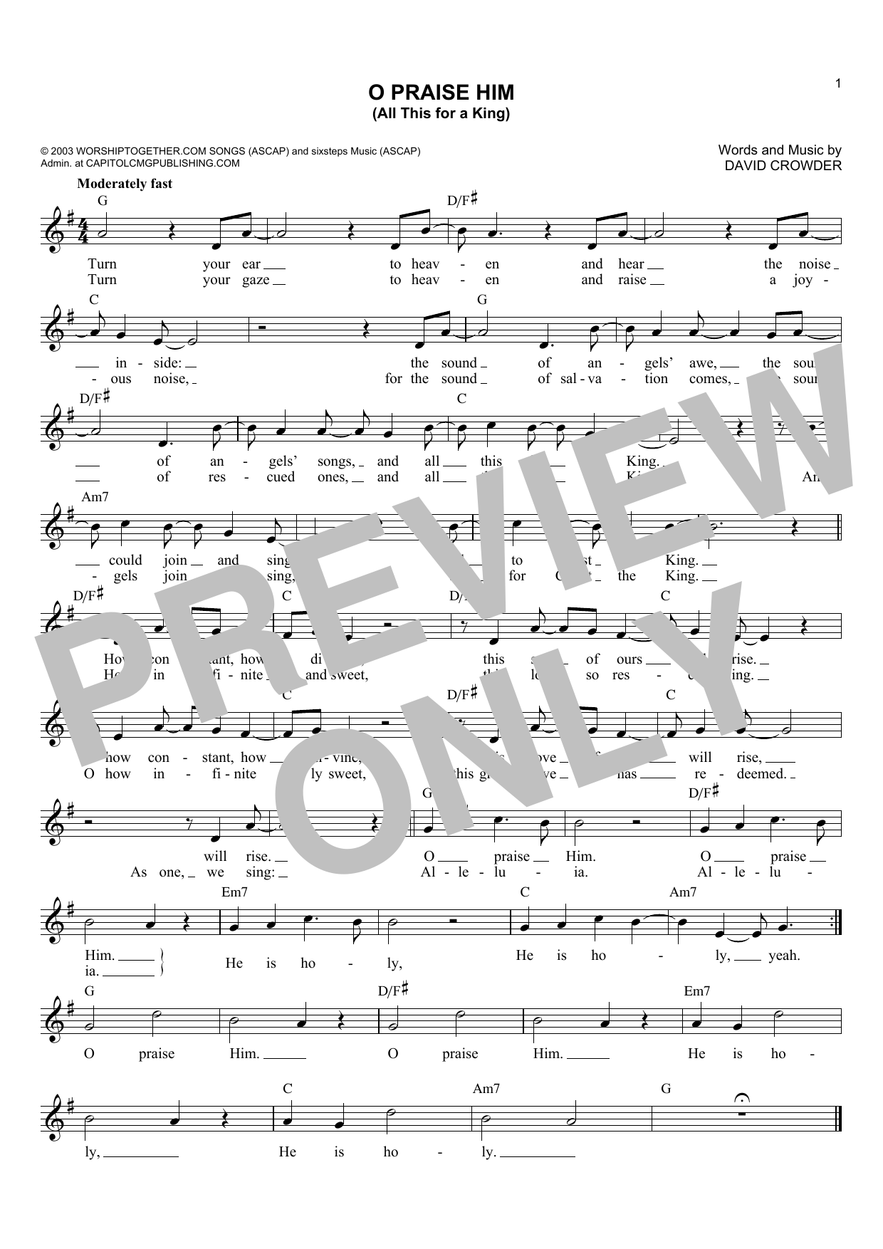 David Crowder*Band O Praise Him (All This For A King) Sheet Music Notes & Chords for Melody Line, Lyrics & Chords - Download or Print PDF