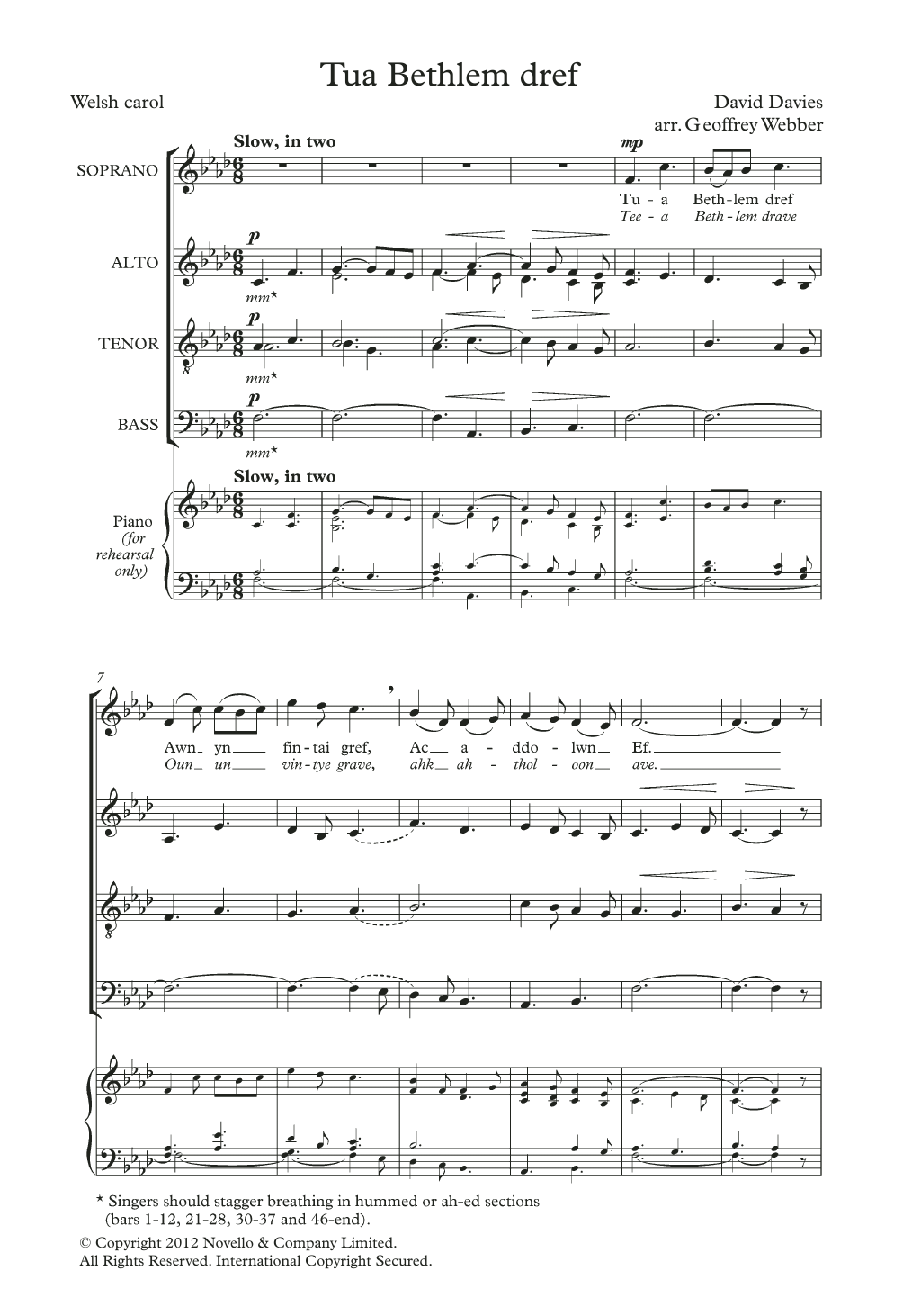 David Davies Tua Bethlem Dref (arr. Geoffrey Webber) Sheet Music Notes & Chords for SATB Choir - Download or Print PDF