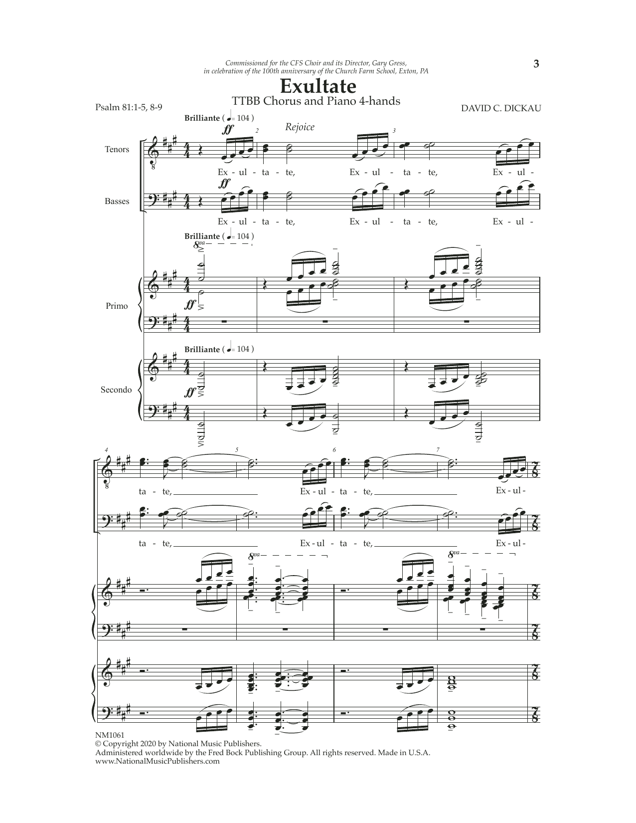 David Dickau Exultate Sheet Music Notes & Chords for TTBB Choir - Download or Print PDF