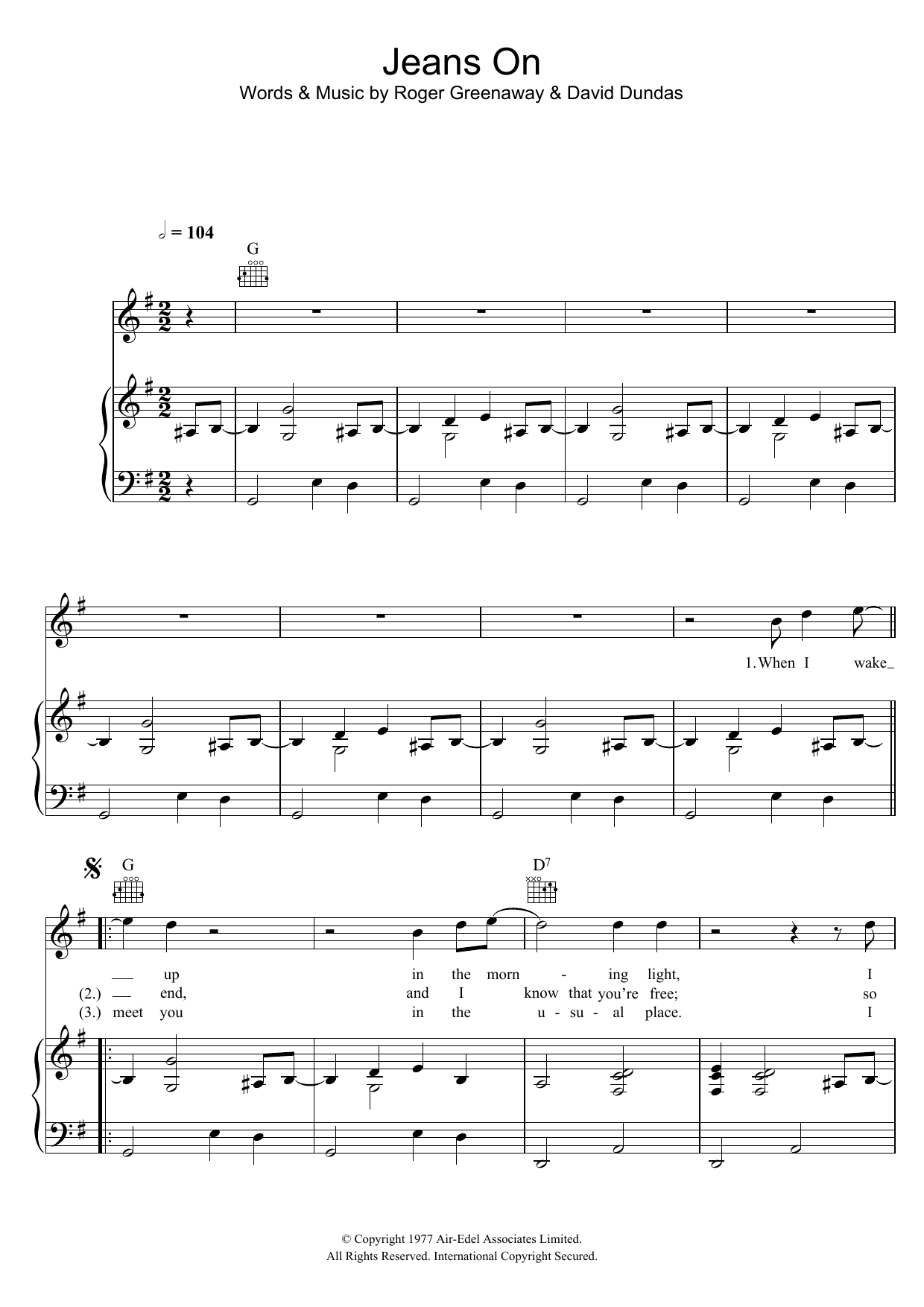 David Dundas Jeans On Sheet Music Notes & Chords for Piano, Vocal & Guitar - Download or Print PDF