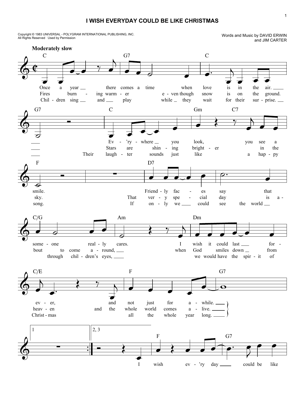 Jim Carter I Wish Everyday Could Be Like Christmas Sheet Music Notes & Chords for Melody Line, Lyrics & Chords - Download or Print PDF