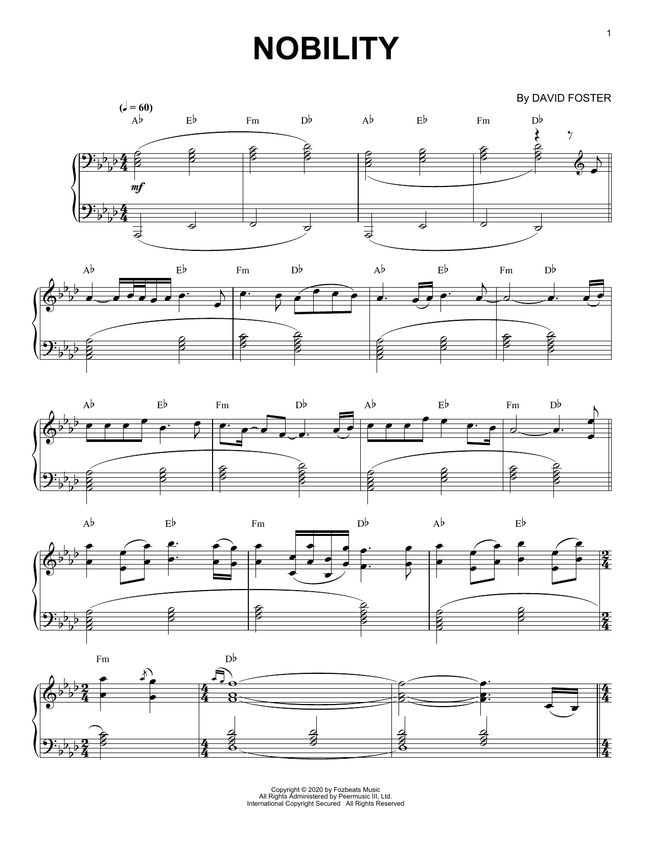 David Foster Nobility Sheet Music Notes & Chords for Piano Solo - Download or Print PDF