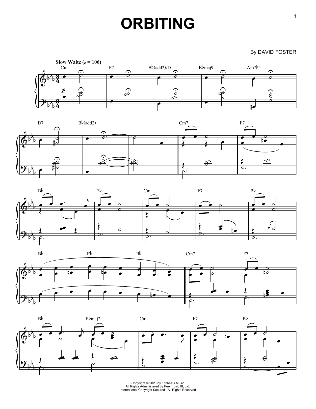 David Foster Orbiting Sheet Music Notes & Chords for Piano Solo - Download or Print PDF