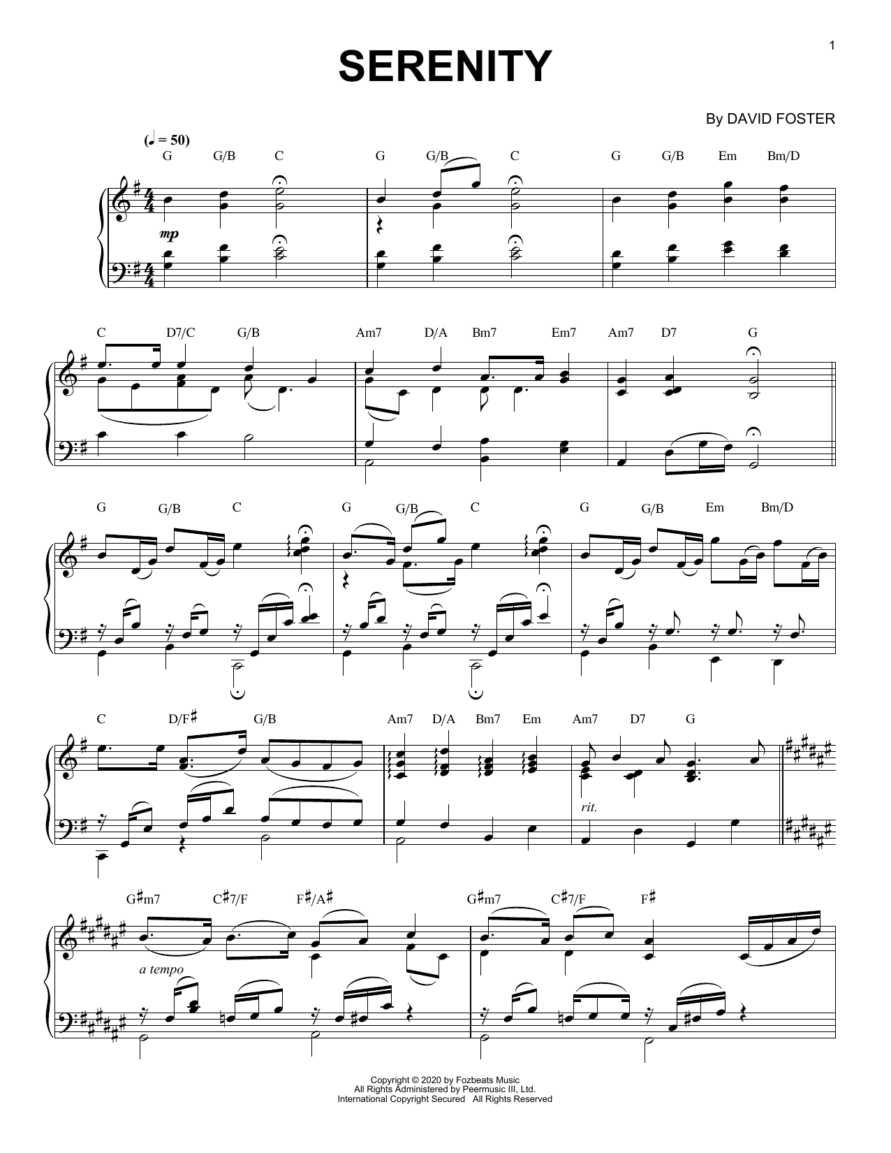 David Foster Serenity Sheet Music Notes & Chords for Piano Solo - Download or Print PDF