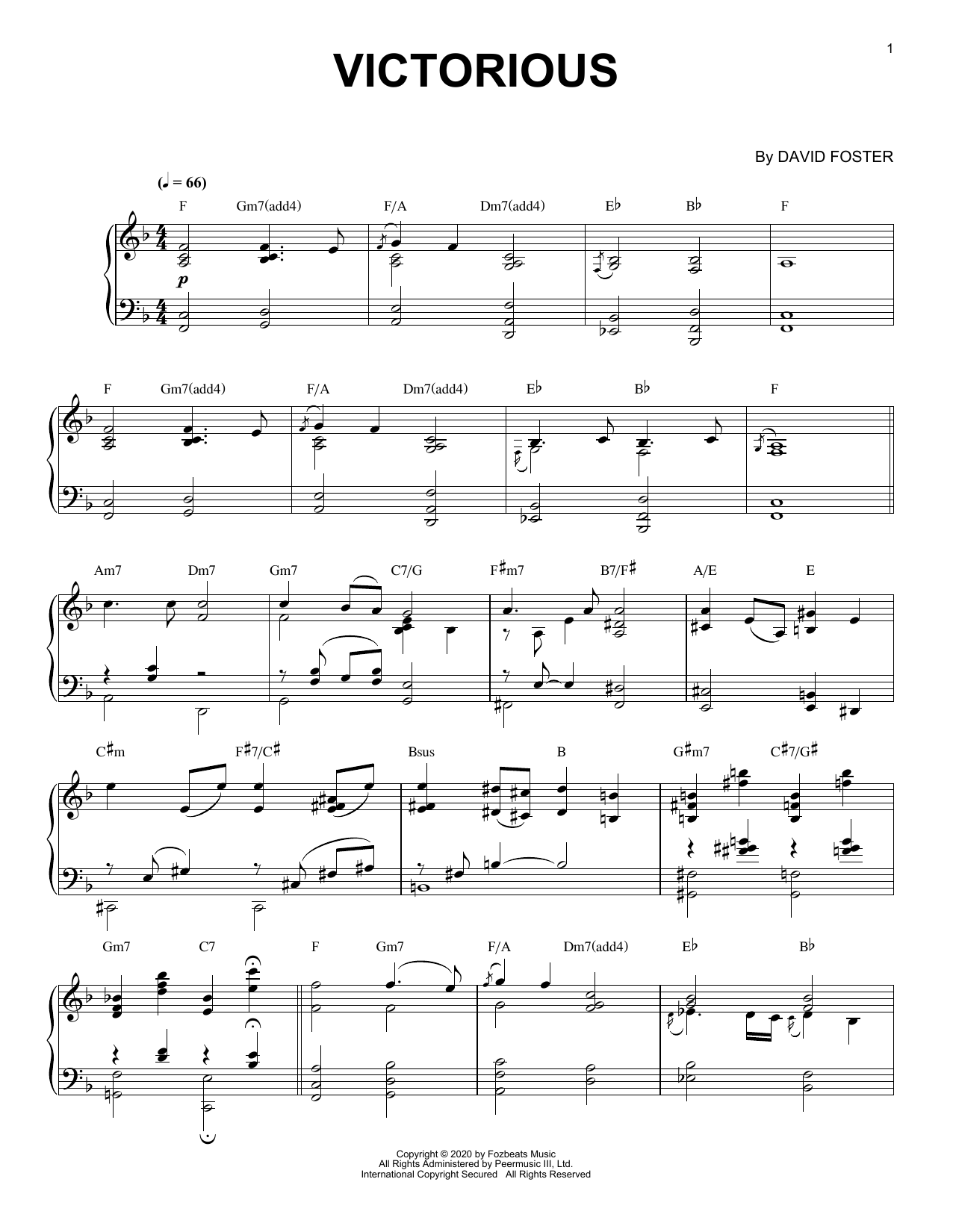 David Foster Victorious Sheet Music Notes & Chords for Piano Solo - Download or Print PDF
