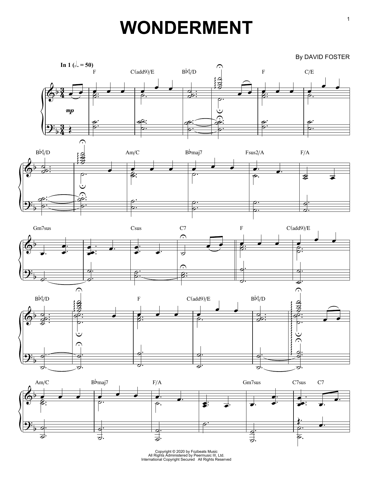 David Foster Wonderment Sheet Music Notes & Chords for Piano Solo - Download or Print PDF