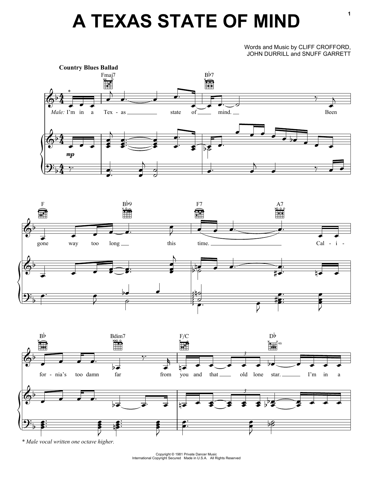 David Frizzell and Shelly West A Texas State Of Mind Sheet Music Notes & Chords for Piano, Vocal & Guitar Chords (Right-Hand Melody) - Download or Print PDF