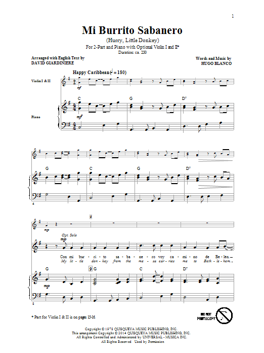 David Giardiniere El Burrito Sabanero (Mi Burrito Sabanero) Sheet Music Notes & Chords for 2-Part Choir - Download or Print PDF