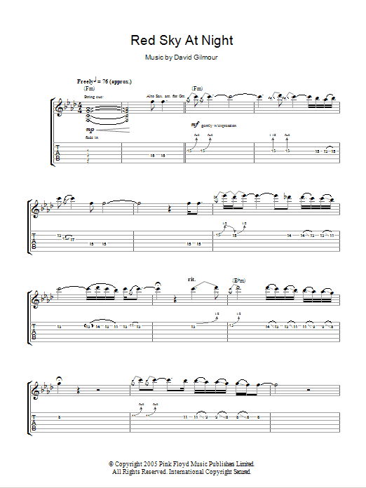 David Gilmour Red Sky At Night Sheet Music Notes & Chords for Guitar Tab - Download or Print PDF