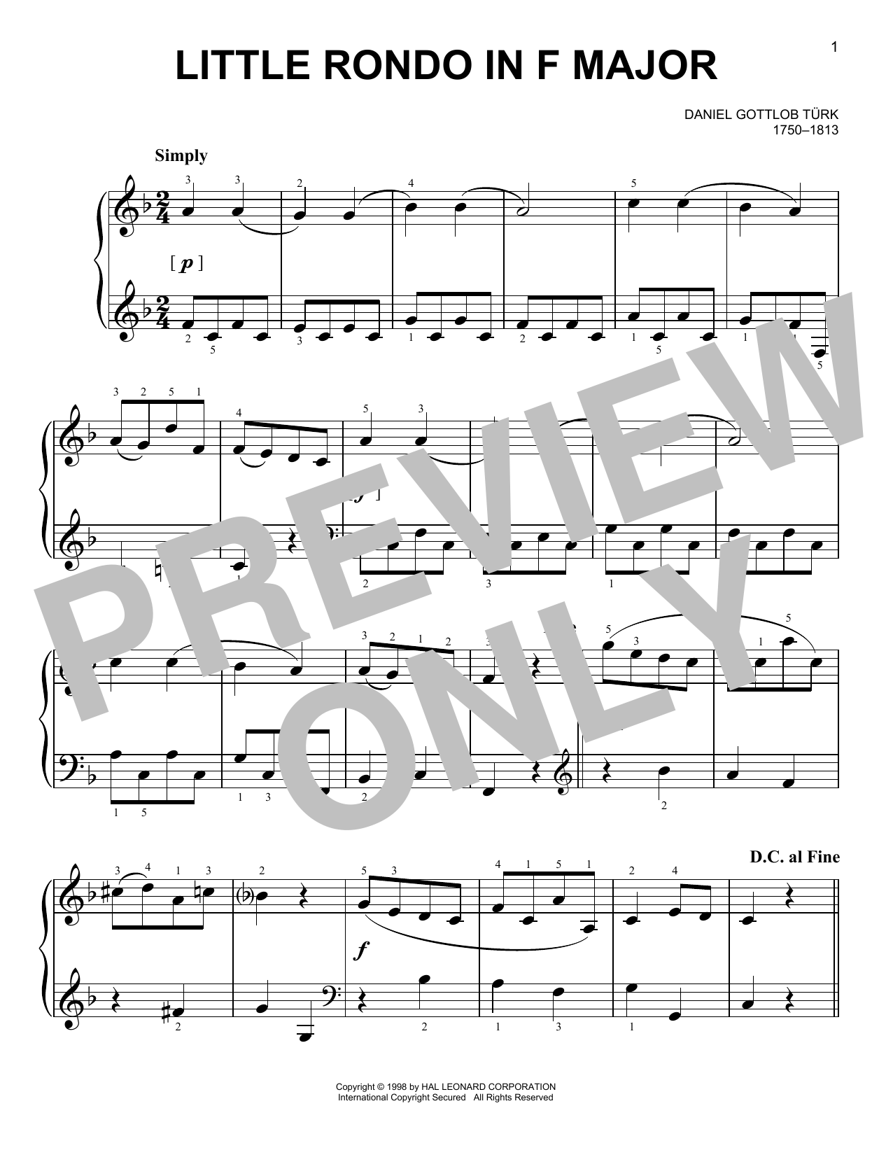 David Gottlob Turk Little Rondo Sheet Music Notes & Chords for Easy Piano - Download or Print PDF
