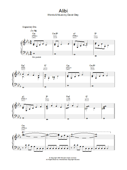 David Gray Alibi Sheet Music Notes & Chords for Piano, Vocal & Guitar - Download or Print PDF