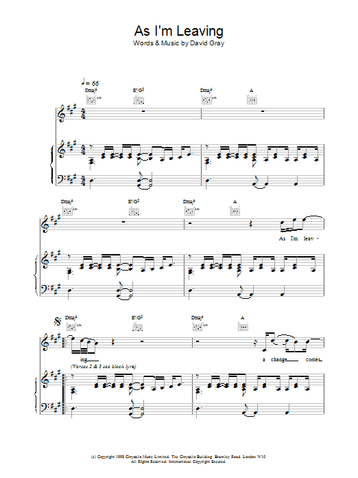 David Gray As I'm Leaving Sheet Music Notes & Chords for Piano, Vocal & Guitar - Download or Print PDF