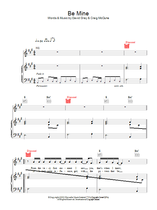 David Gray Be Mine Sheet Music Notes & Chords for Piano, Vocal & Guitar - Download or Print PDF