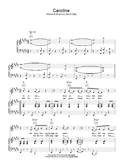 David Gray Caroline Sheet Music Notes & Chords for Piano, Vocal & Guitar - Download or Print PDF