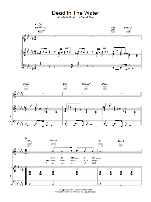 David Gray Dead In The Water Sheet Music Notes & Chords for Piano, Vocal & Guitar - Download or Print PDF