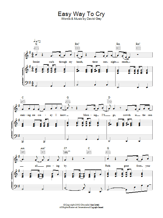 David Gray Easy Way To Cry Sheet Music Notes & Chords for Piano, Vocal & Guitar - Download or Print PDF