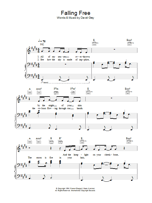 David Gray Falling Free Sheet Music Notes & Chords for Piano, Vocal & Guitar - Download or Print PDF