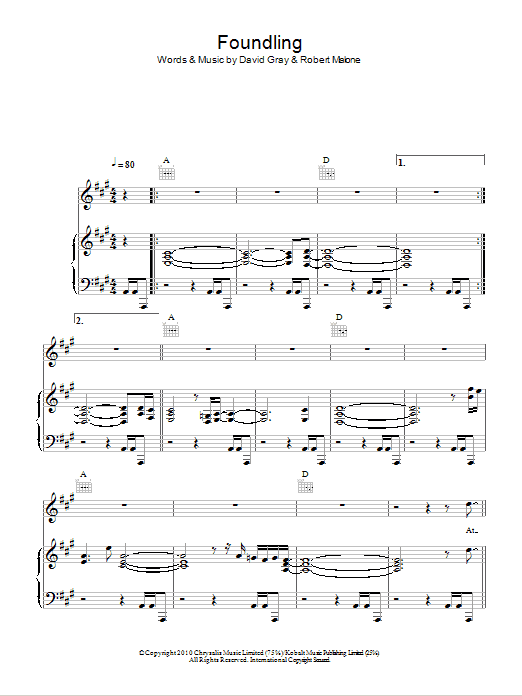 David Gray Foundling Sheet Music Notes & Chords for Piano, Vocal & Guitar (Right-Hand Melody) - Download or Print PDF