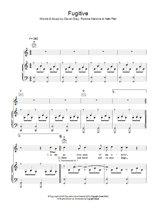David Gray Fugitive Sheet Music Notes & Chords for Piano, Vocal & Guitar (Right-Hand Melody) - Download or Print PDF