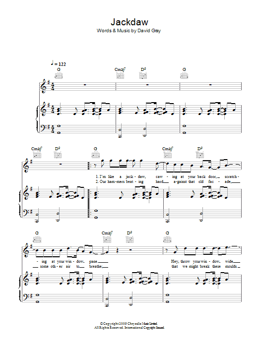David Gray Jackdaw Sheet Music Notes & Chords for Piano, Vocal & Guitar - Download or Print PDF