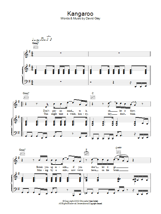 David Gray Kangaroo Sheet Music Notes & Chords for Piano, Vocal & Guitar - Download or Print PDF