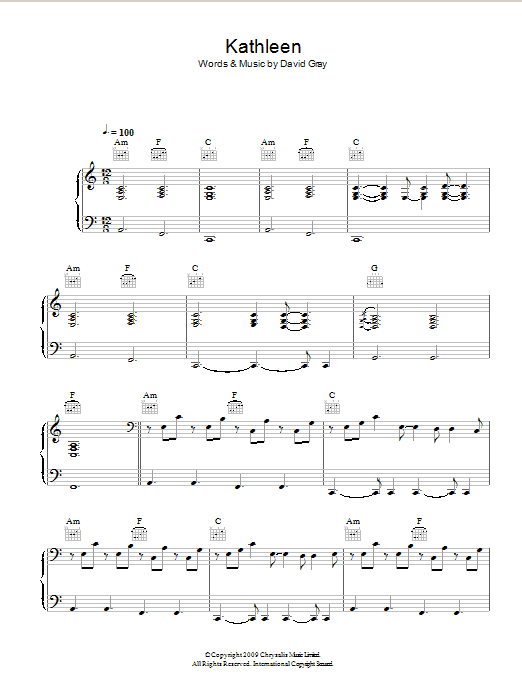 David Gray Kathleen Sheet Music Notes & Chords for Piano, Vocal & Guitar - Download or Print PDF